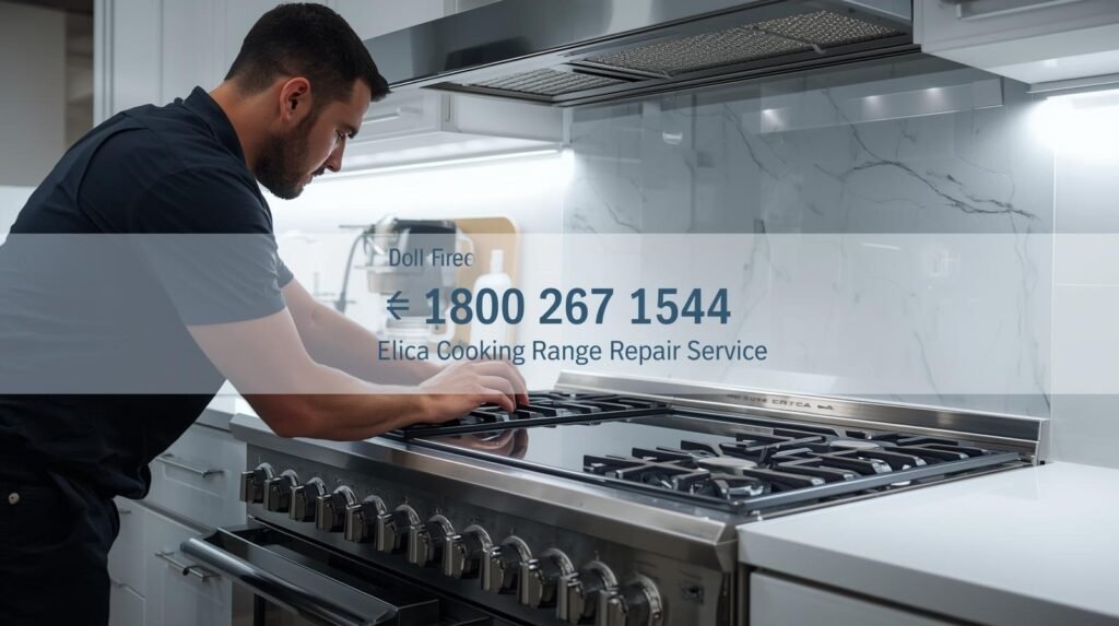 Technician repairing an Elica cooking range with oven and burners, toll-free 1800 267 1544