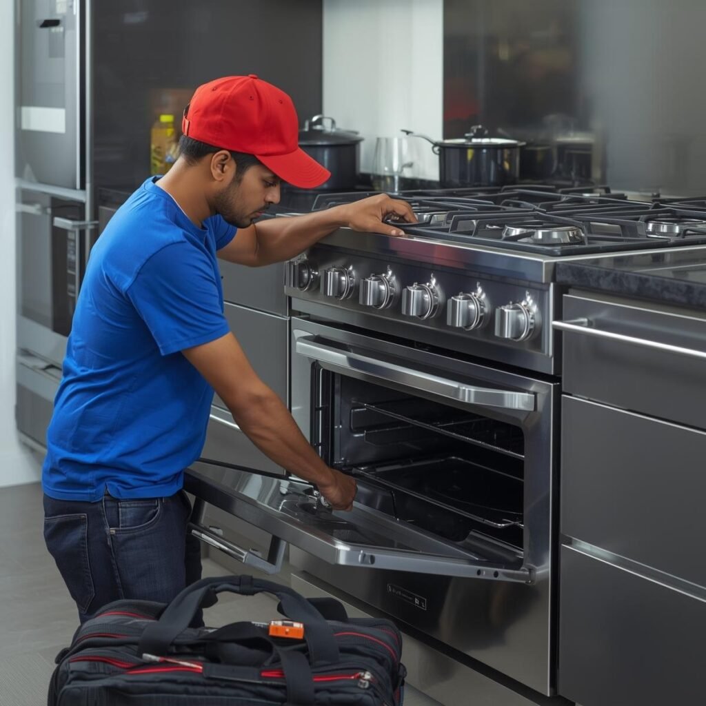 technician repairing a cooking range in a modern modular kitchen.