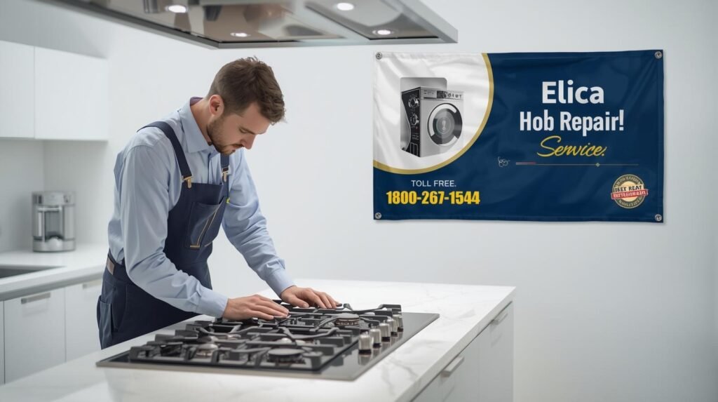 Technician fixing an Elica gas stove burner in a modern kitchen with support number 1800 267 1544