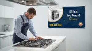 Technician fixing an Elica gas stove burner in a modern kitchen with support number 1800 267 1544