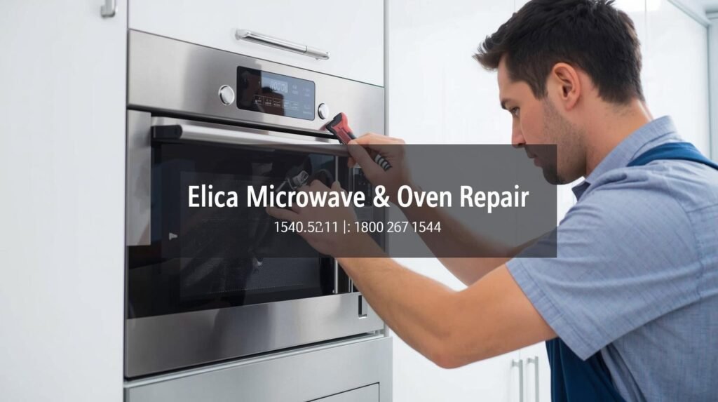 Technician repairing an Elica microwave oven in a modern kitchen, toll-free 1800 267 1544