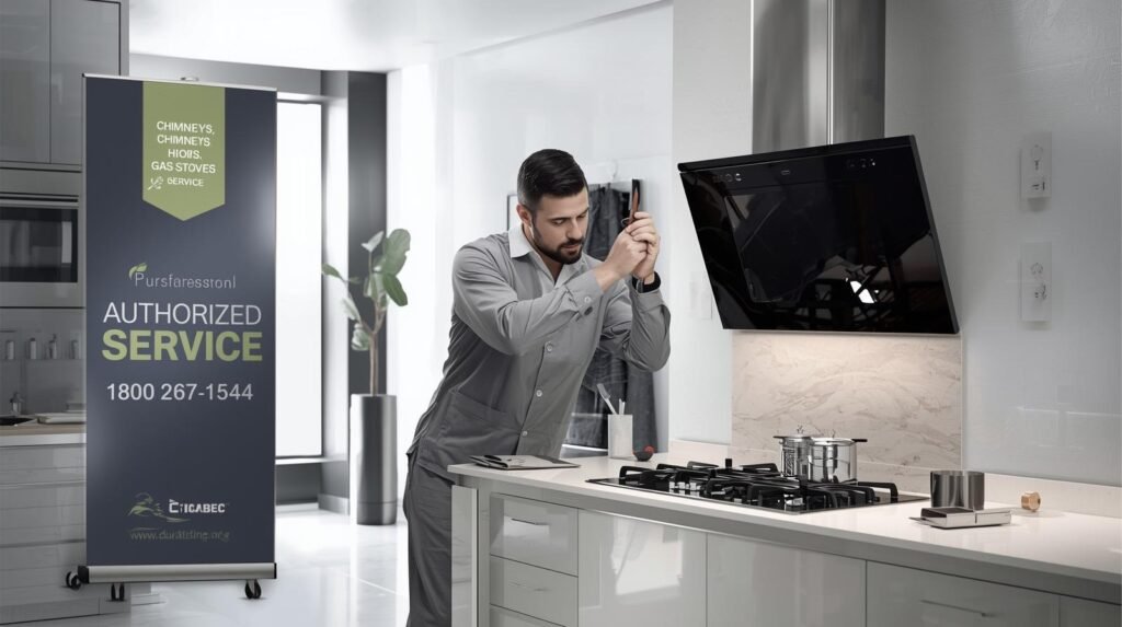 elica chimney repair service Technician repairing an Elica chimney in a modern kitchen with toll-free support number 1800 267 1544