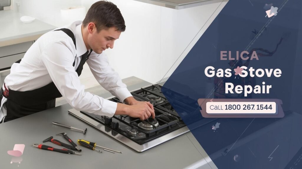 Technician fixing an Elica gas stove burner in a modern kitchen with support Tool Free number 1800 267 1544