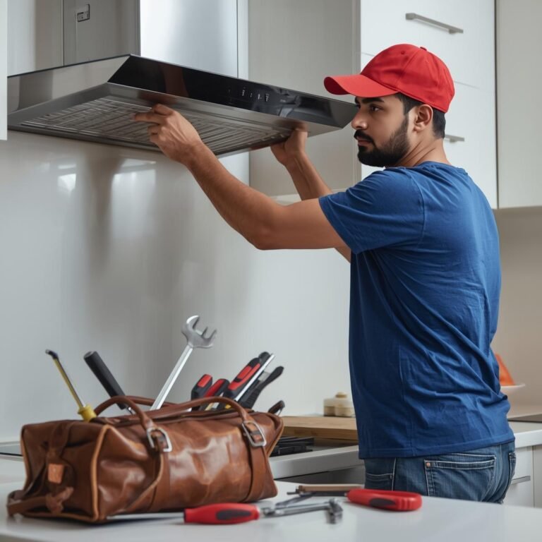 Professional technician cleaning and repairing a modular kitchen chimney.