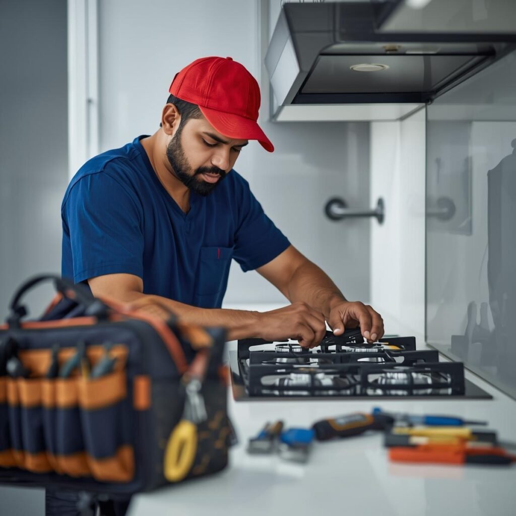 gas stove repair near me Technician in blue t-shirt and red cap repairing a gas hob with tools on kitchen platform.