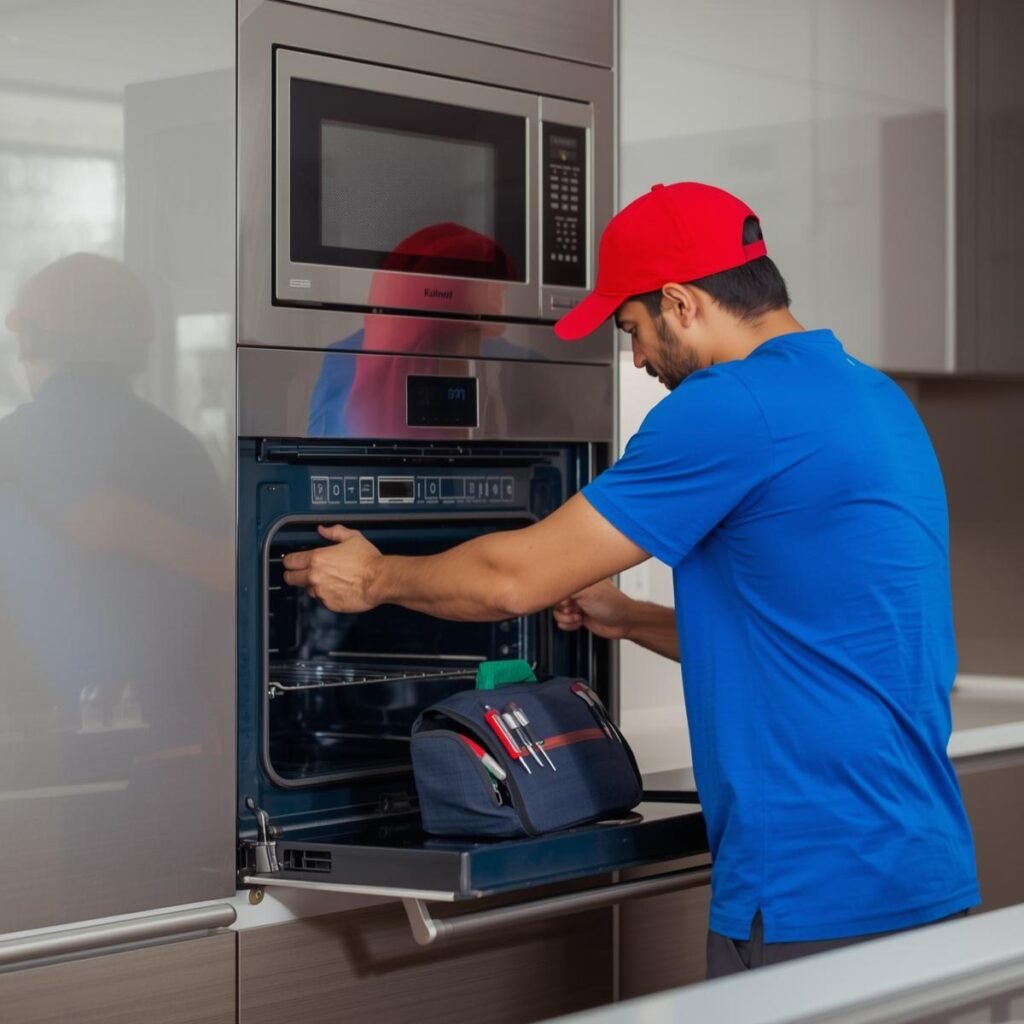 elica service centre Technician working on a built-in oven with microwave visible above in modular kitchen.