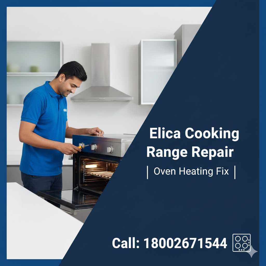 Technician repairing an Elica cooking range oven heating issue.