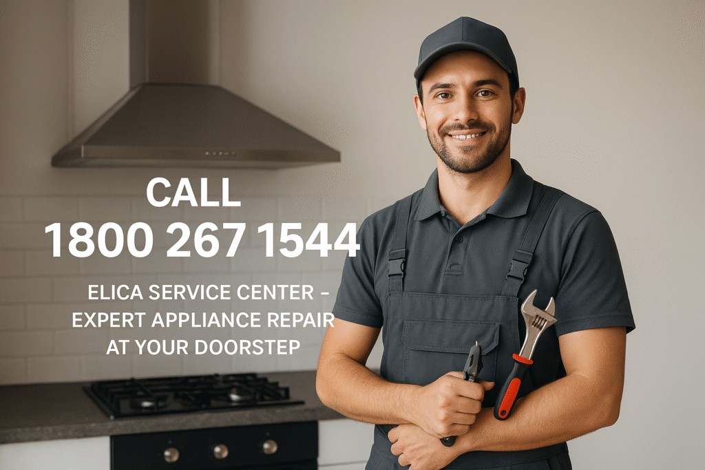 Range of Elica kitchen appliances including chimney, hob, and oven