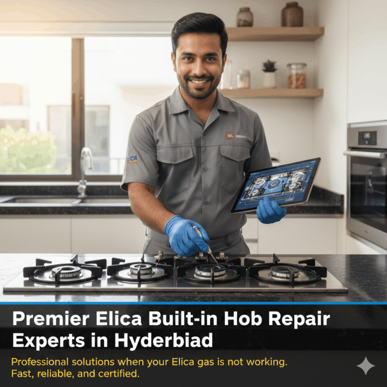 Technician providing professional Elica service for kitchen chimney and gas hob repair in a modern kitchen