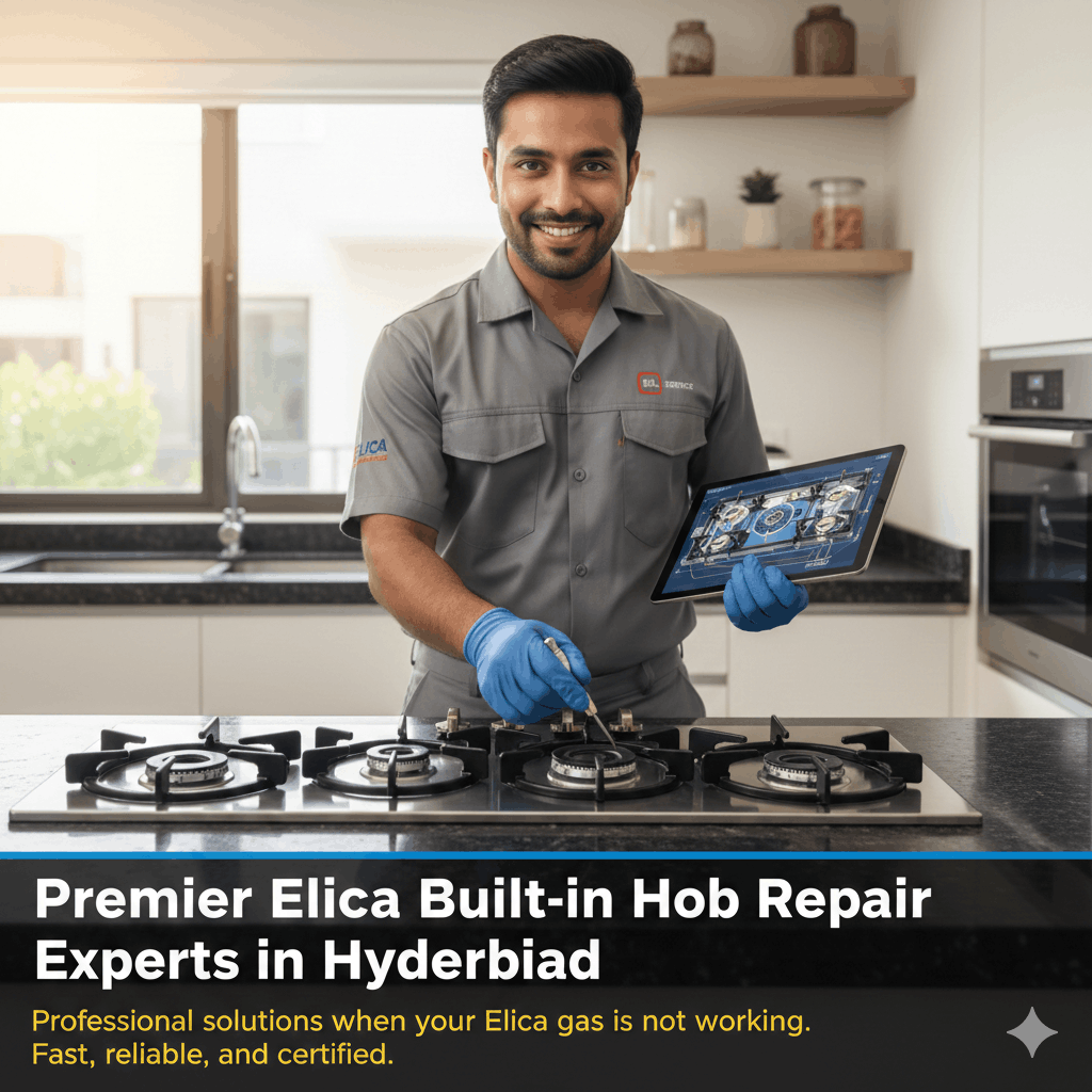 Technician providing professional Elica service for kitchen chimney and gas hob repair in a modern kitchen