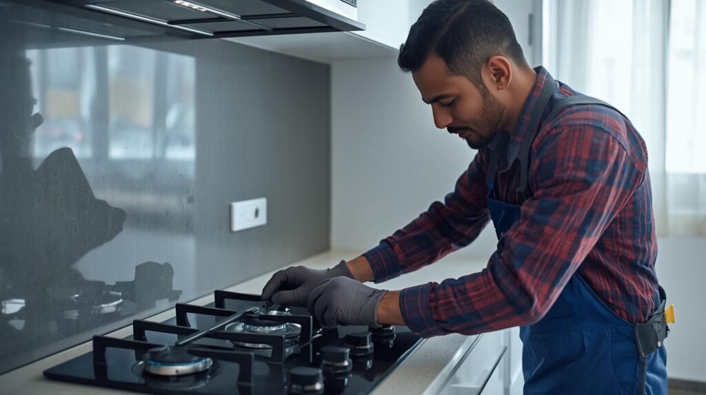 Technician repairing elica gas hob burner in Mumbai kitchen