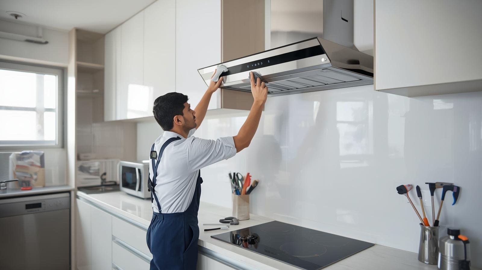 A technician repairing Elica kitchen chimney at home in Mumbai