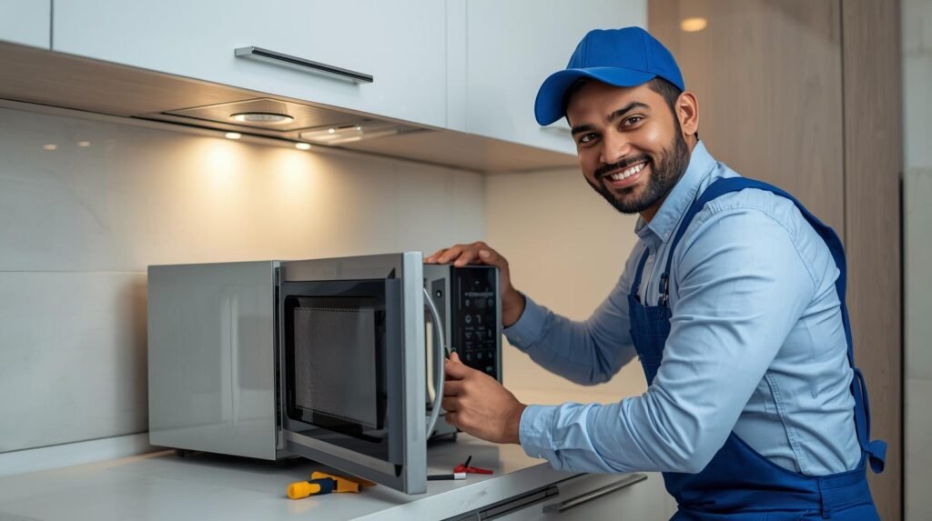 Technician repairing elica microwave oven at home in Mumbai