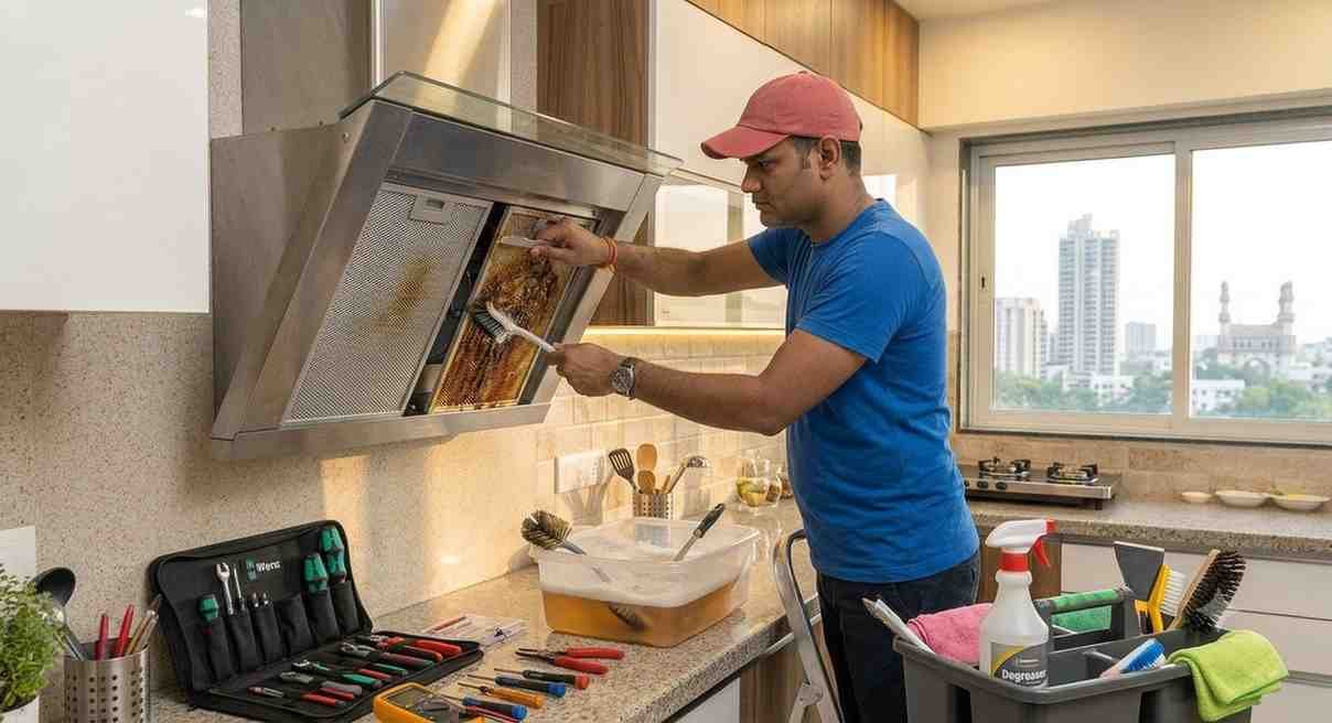 Elica chimney deep cleaning service in progress at a Hyderabad home