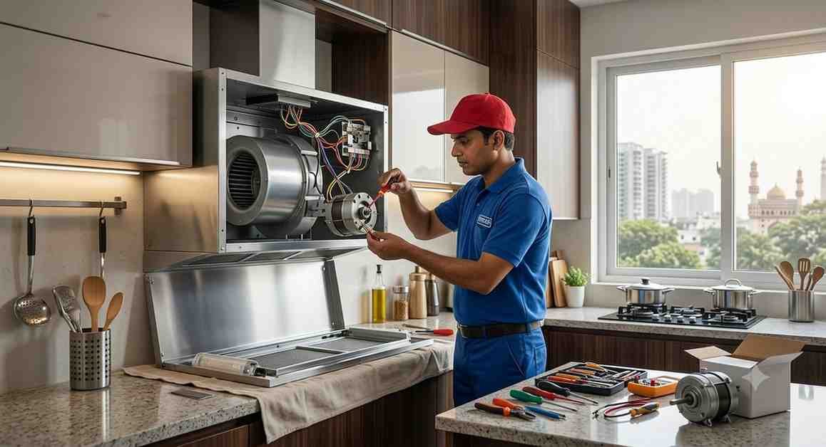 Elica chimney motor repair technician working at a Hyderabad kitchen