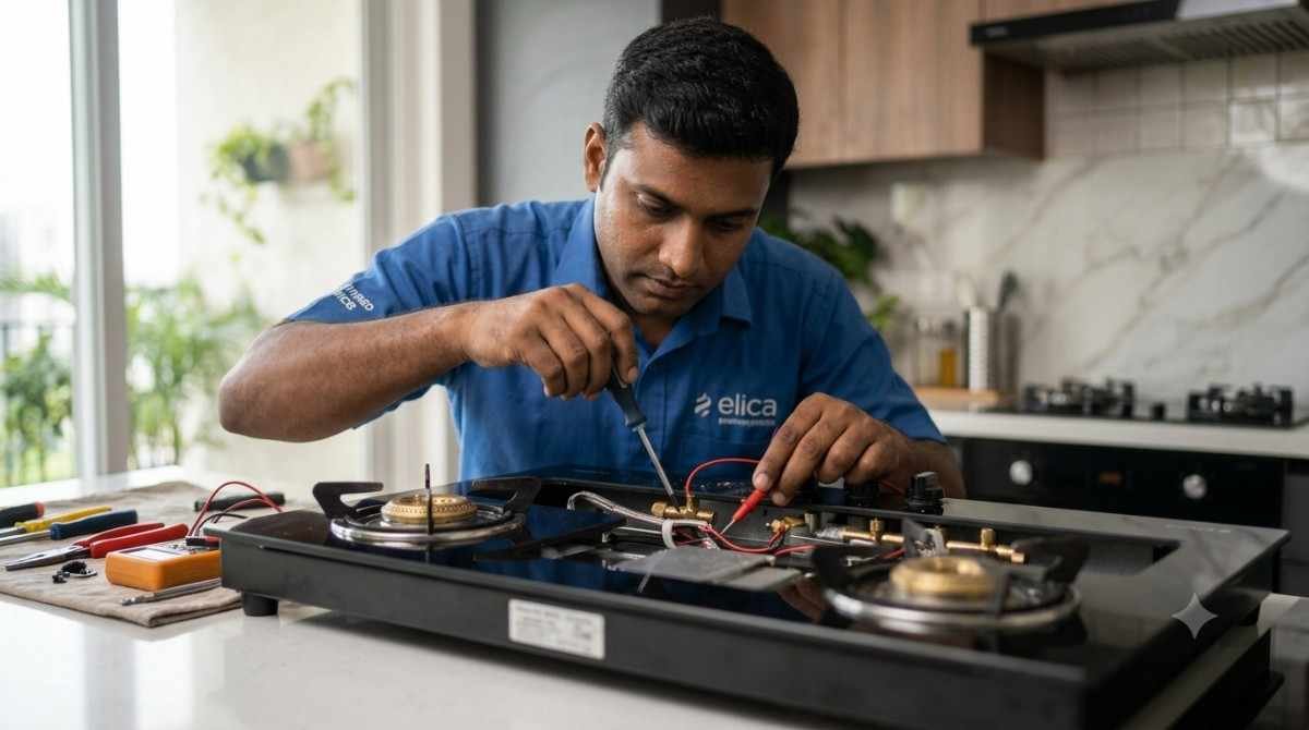 Elica built-in gas hob technician repairing Elica hob at customer doorstep in Bangalore
