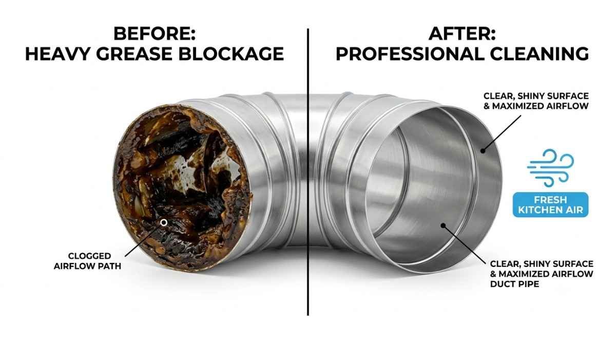 Blocked Elica chimney duct pipe causing suction loss — before and after duct cleaning comparison