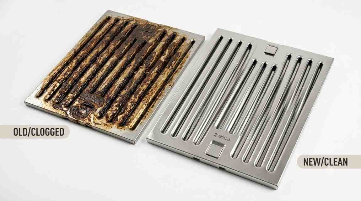 Clogged Elica chimney baffle filter causing weak suction — before and after cleaning comparison