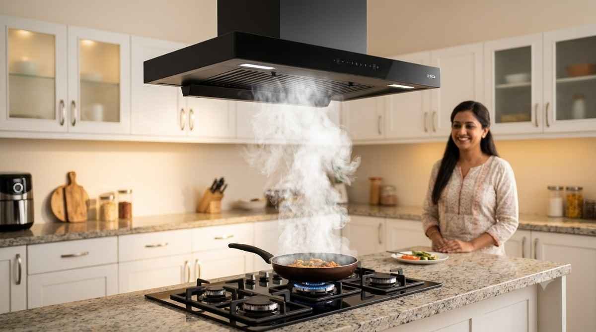 Elica chimney full suction restored after authorized service — smoke absorbed completely in Indian kitchen