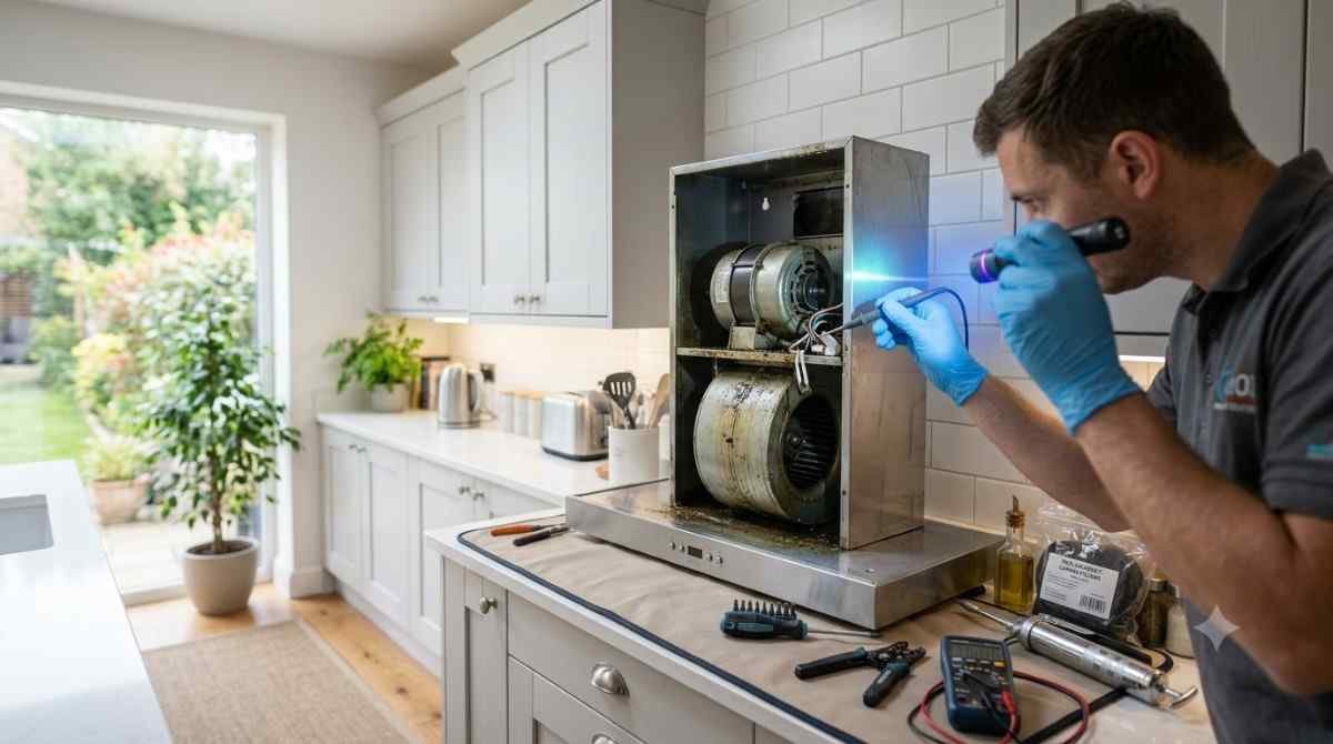 Technician checking Elica chimney motor and blower for suction issue