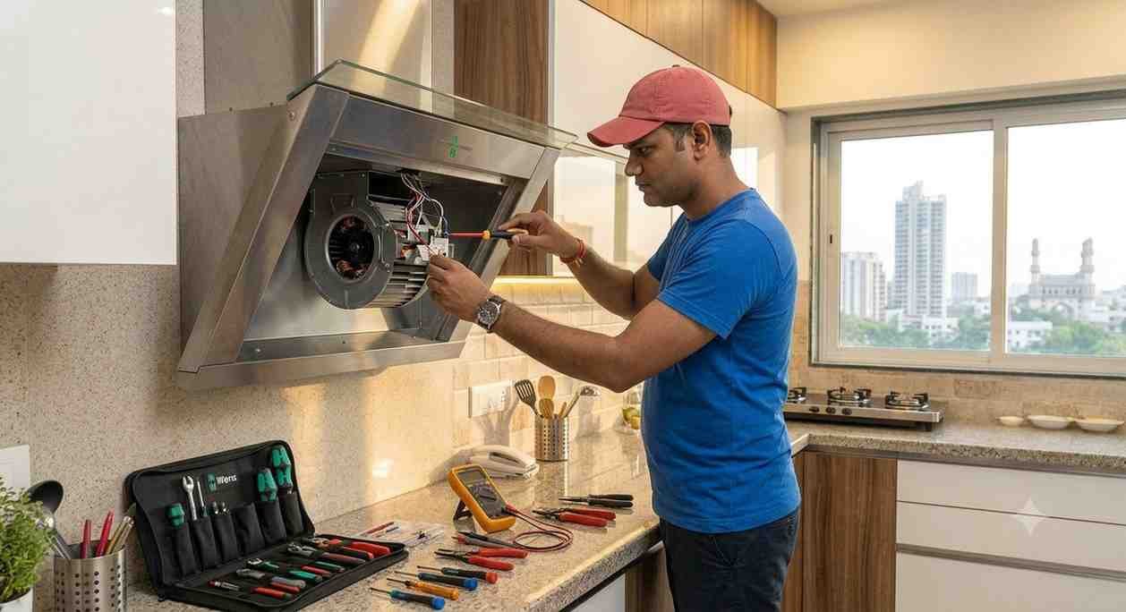 Elica chimney service Hyderabad technician repairing kitchen chimney at a Gachibowli home