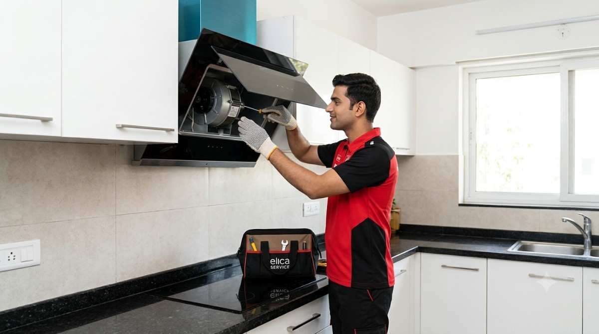 Authorized Elica chimney technician repairing weak suction motor at doorstep in Indian kitchen