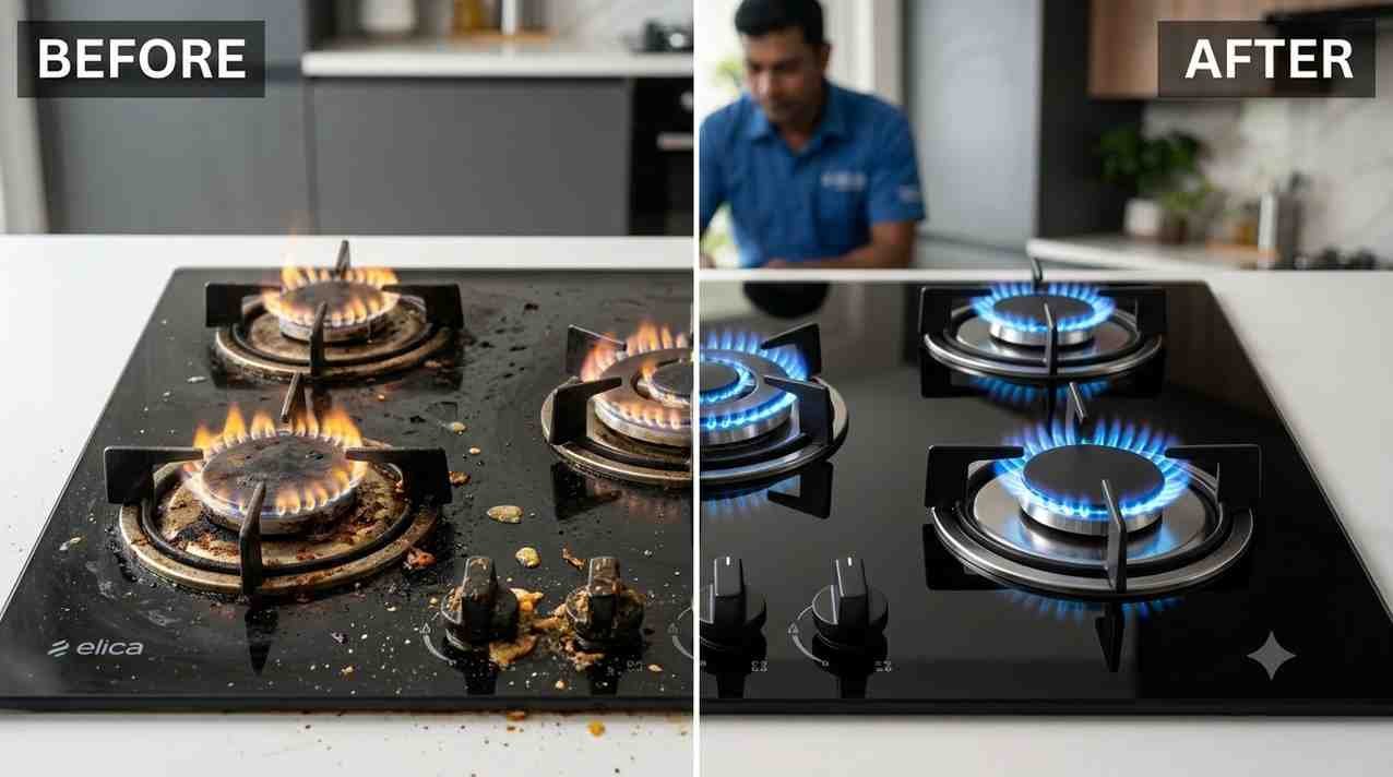 Elica gas hob before and after authorized repair in Bangalore - burner and ignition restored to full performance