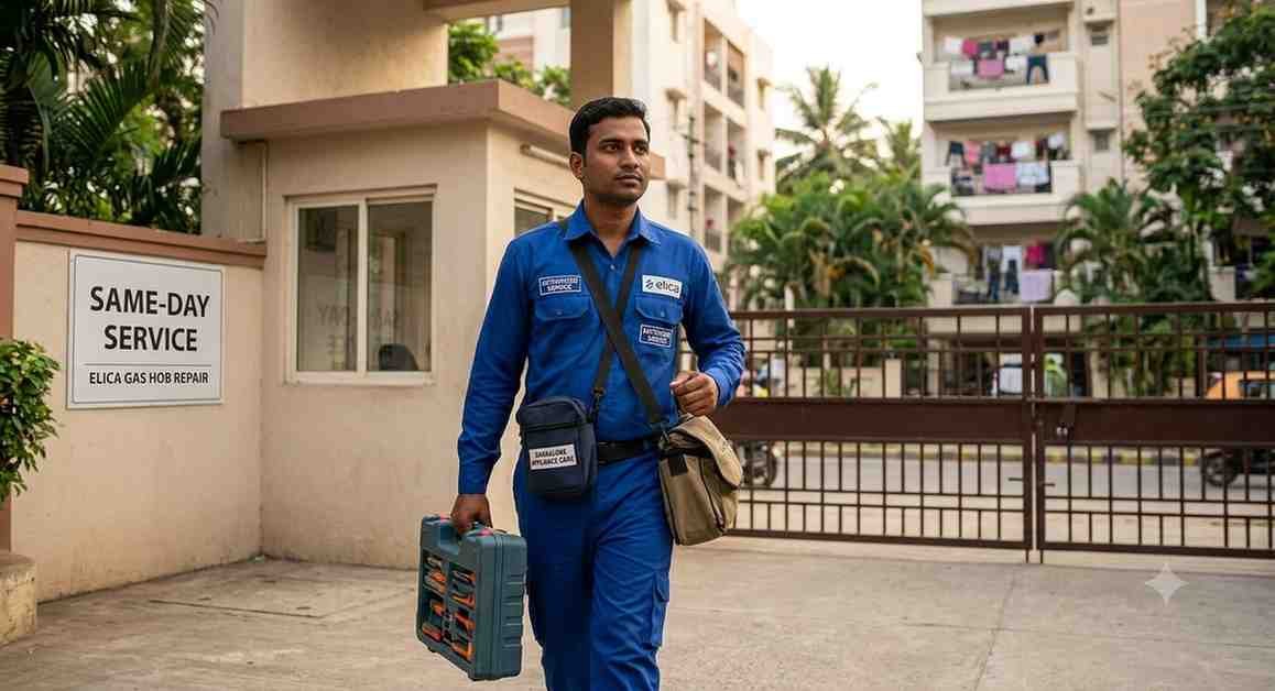 Same-day Elica gas hob repair Bangalore - authorized technician arriving at customer home for doorstep service