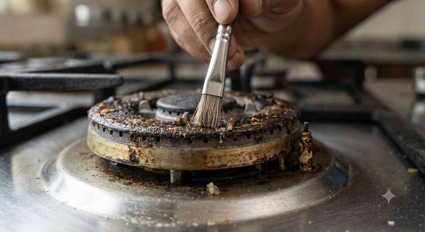 Close-up of blocked gas hob burner holes clogged with food residue