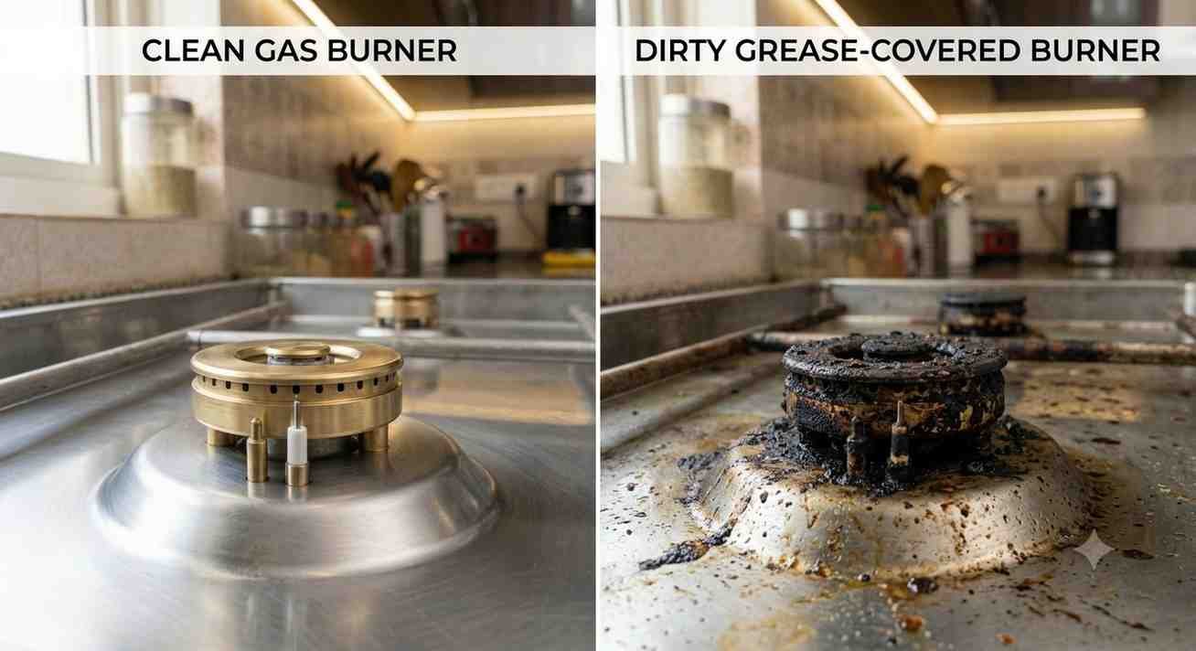 Clean gas hob burner compared with a dirty clogged burner