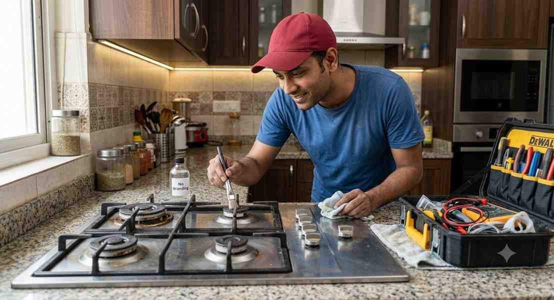 Technician cleaning an Elica gas hob burner cap and ports