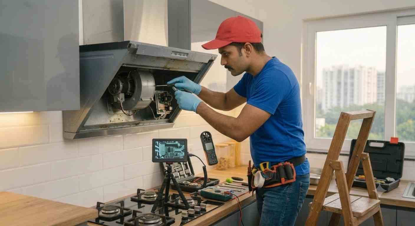 Elica chimney service technician working in a Bangalore kitchen