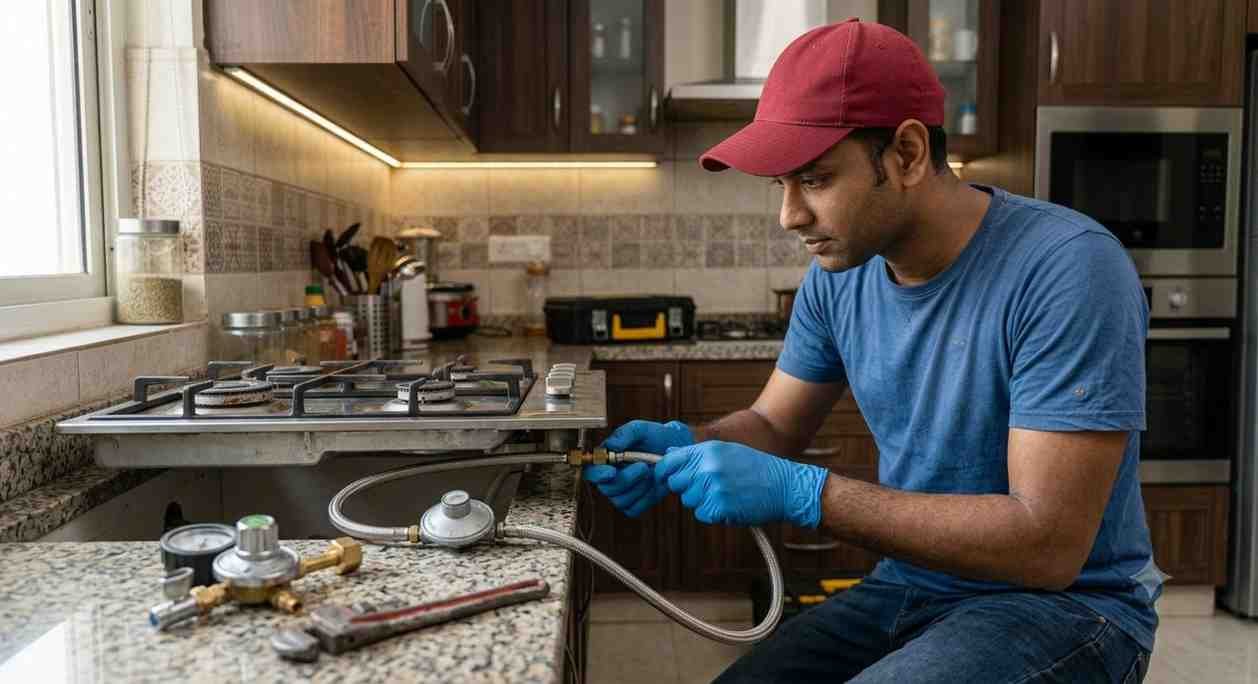 Technician inspecting gas supply connection on a gas hob