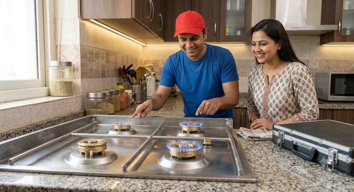 Successfully completed gas hob repair service with working blue flame
