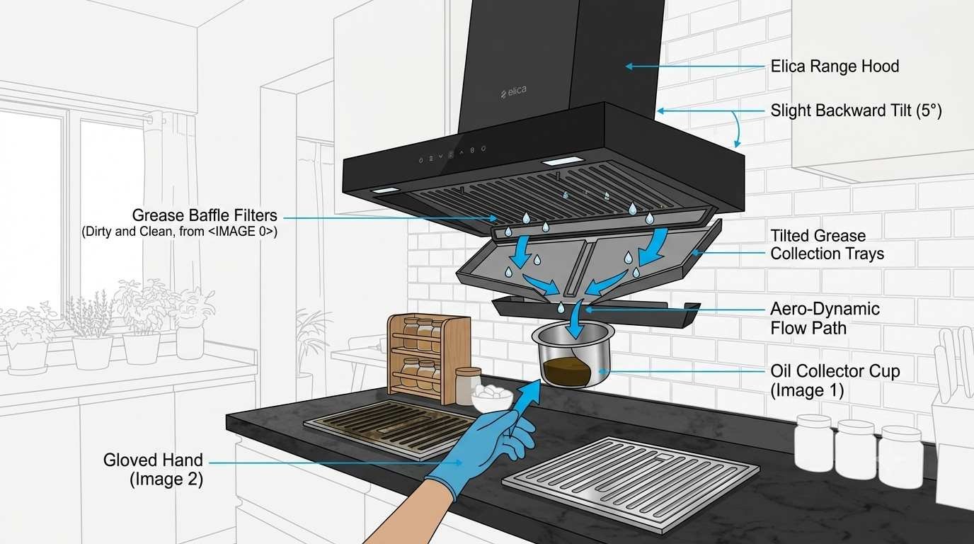 Diagram showing chimney tilt direction that guides oil into the collector cup