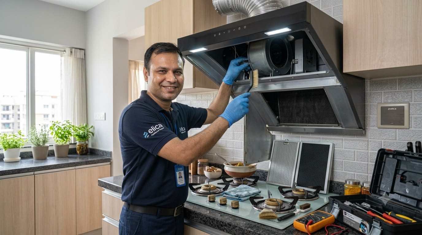 Technician deep cleaning a kitchen chimney motor and filter during service