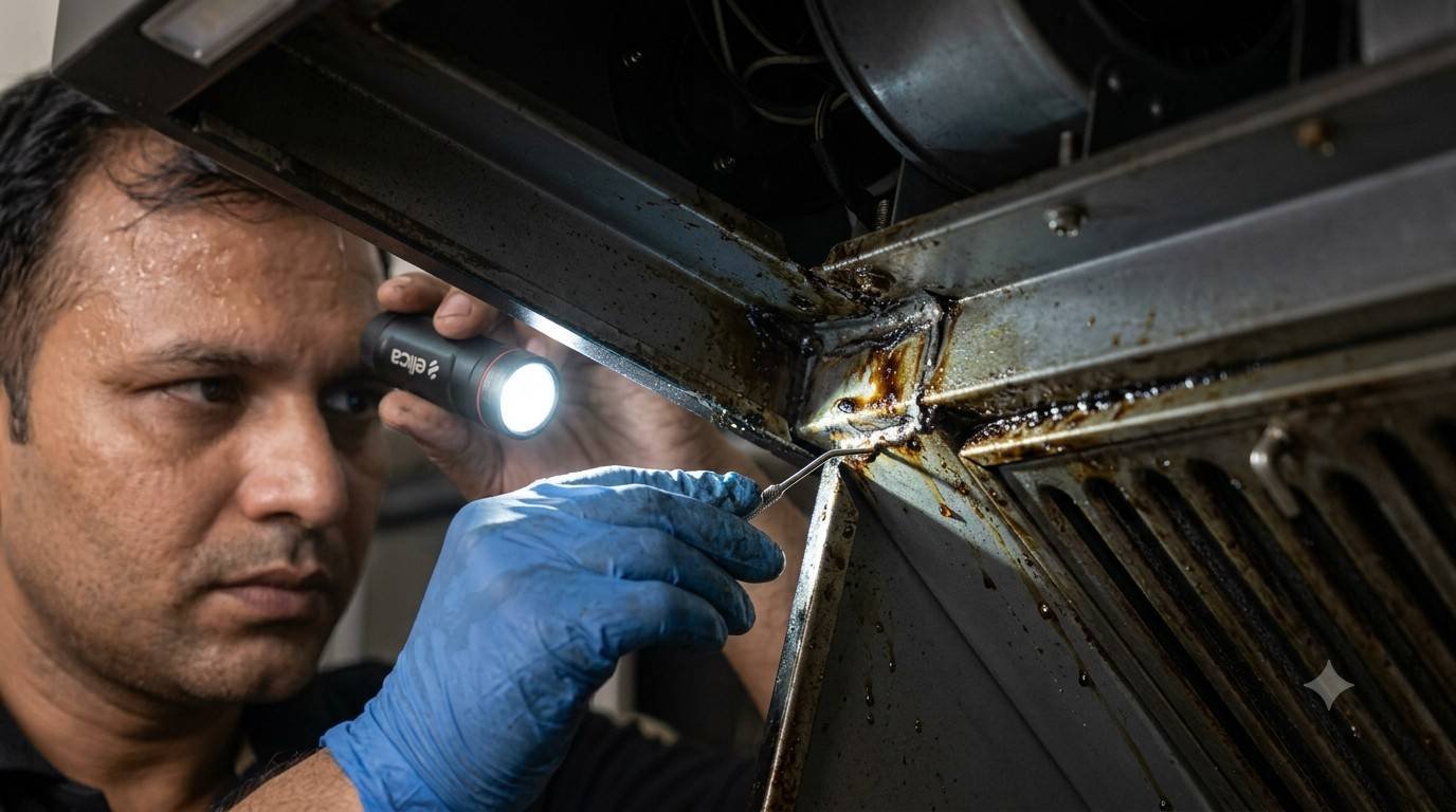 Technician checking a worn seal with oil residue inside a kitchen chimney