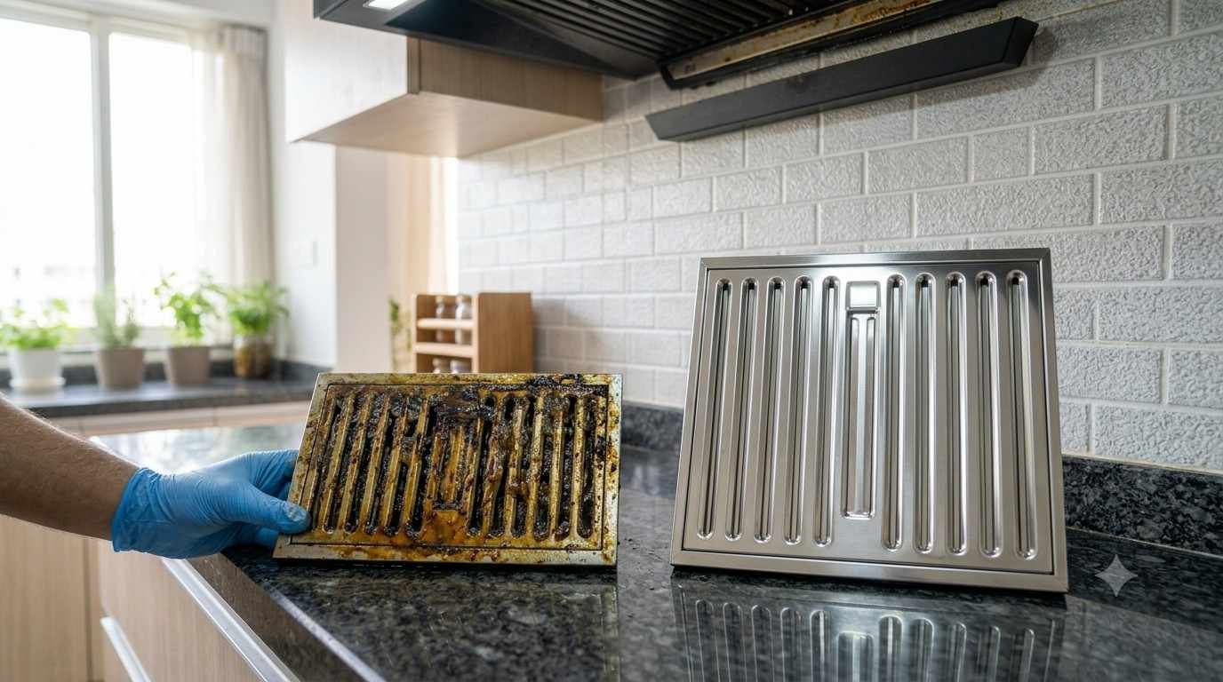Dirty clogged chimney baffle filter compared with a clean filter