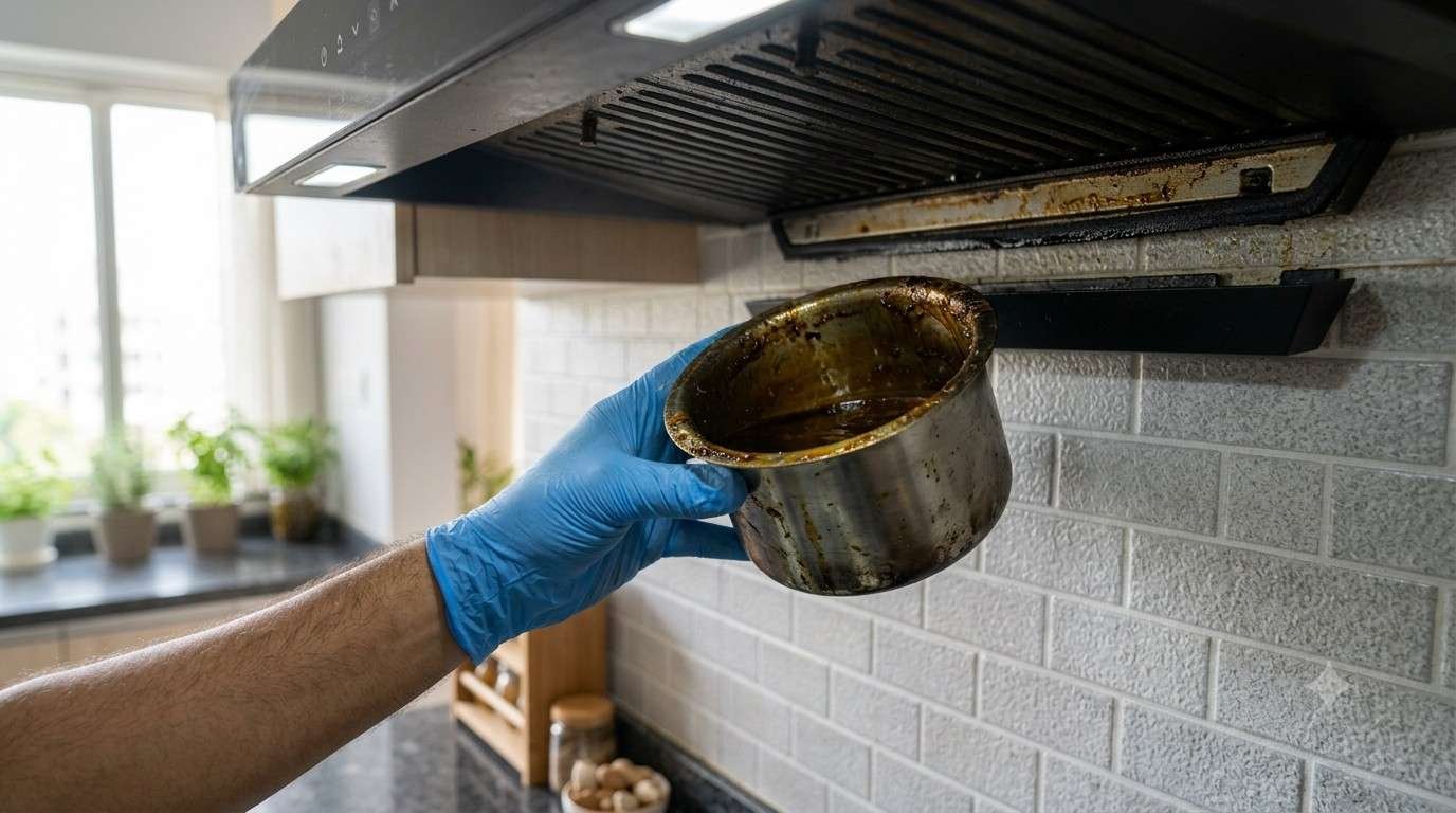 Hand removing an overflowing oil collector cup from a kitchen chimney