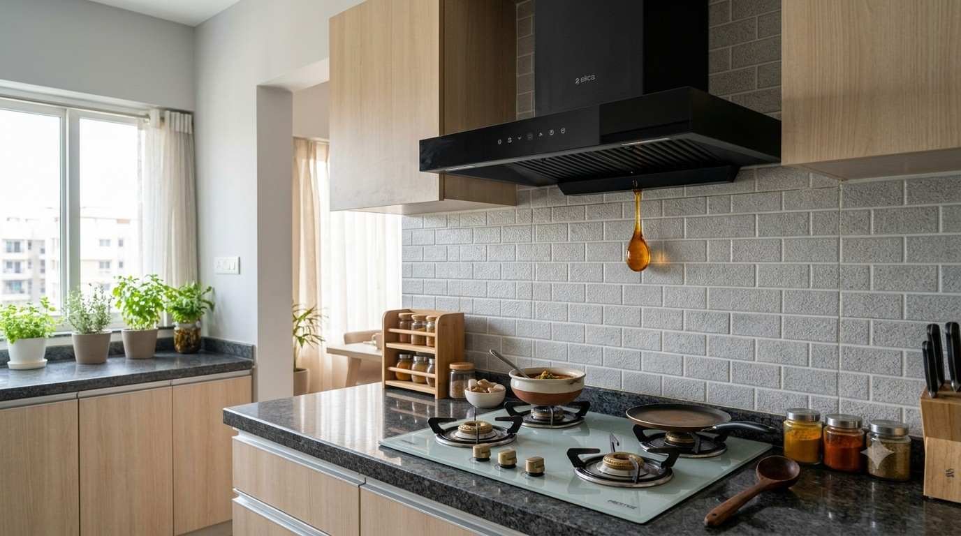 Oil dripping from an Elica chimney onto a gas hob in a modern kitchen