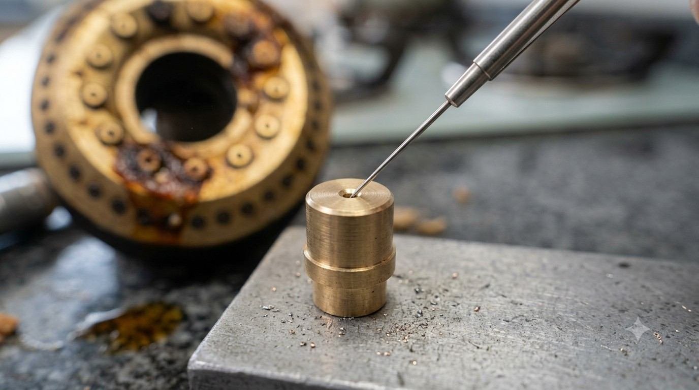 Technician cleaning a blocked brass gas nozzle of a hob burner with a thin pin