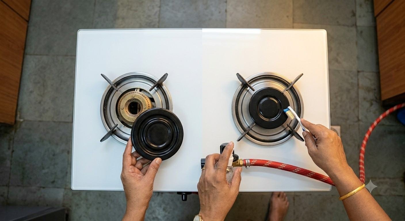 Misaligned hob burner cap compared with a correctly seated burner cap