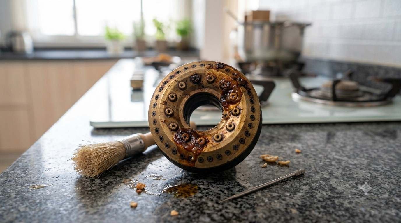 Gas hob burner head with food residue blocking the flame ports