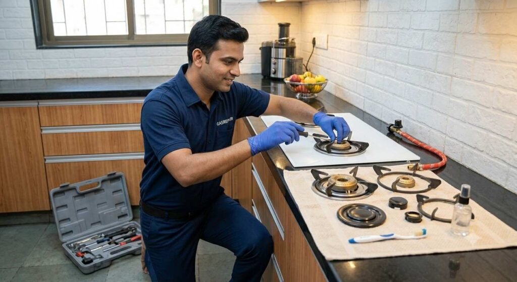 Technician servicing a built-in gas hob with burner parts laid out on a cloth