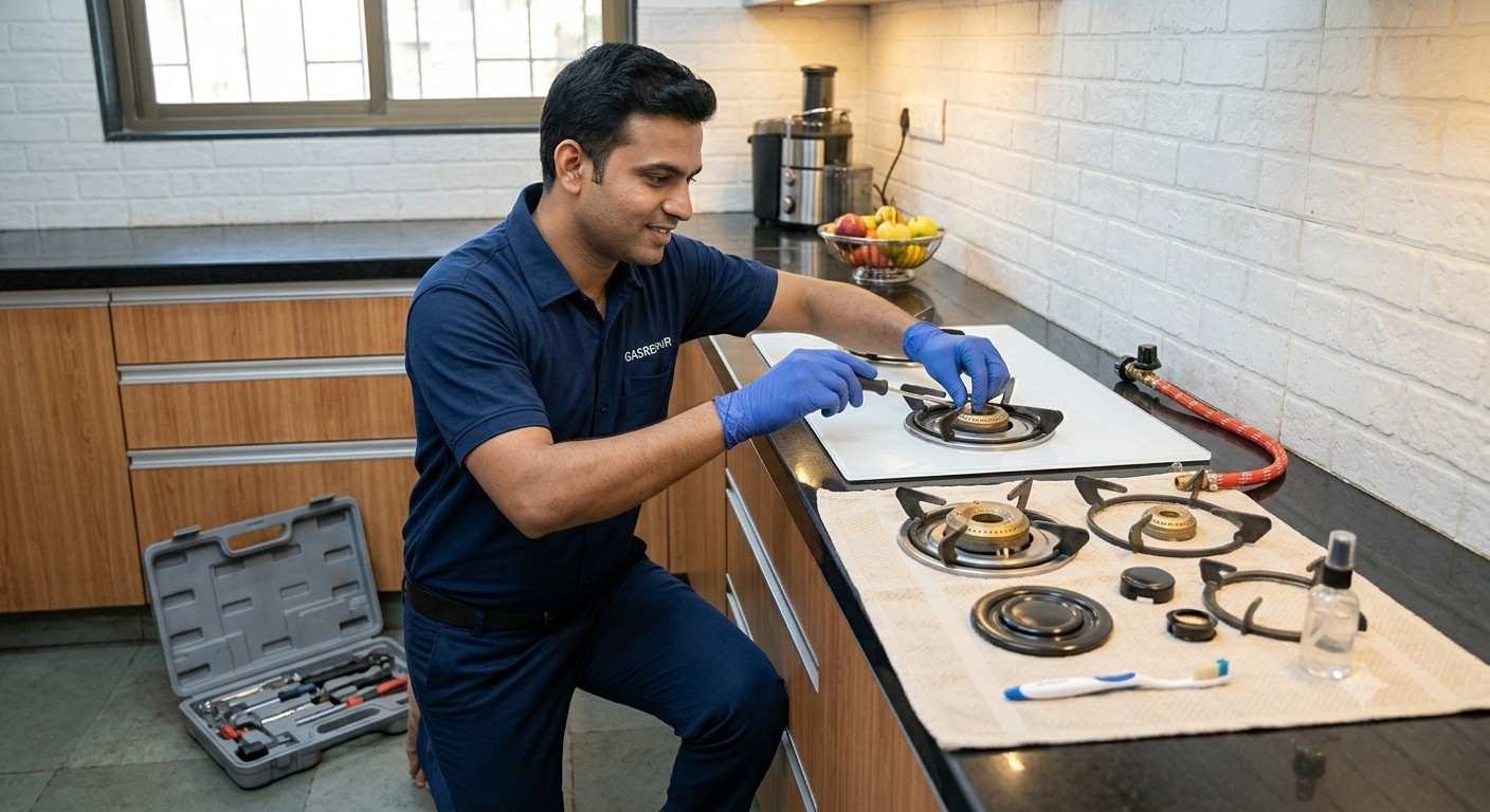 Technician servicing a built-in gas hob with burner parts laid out on a cloth