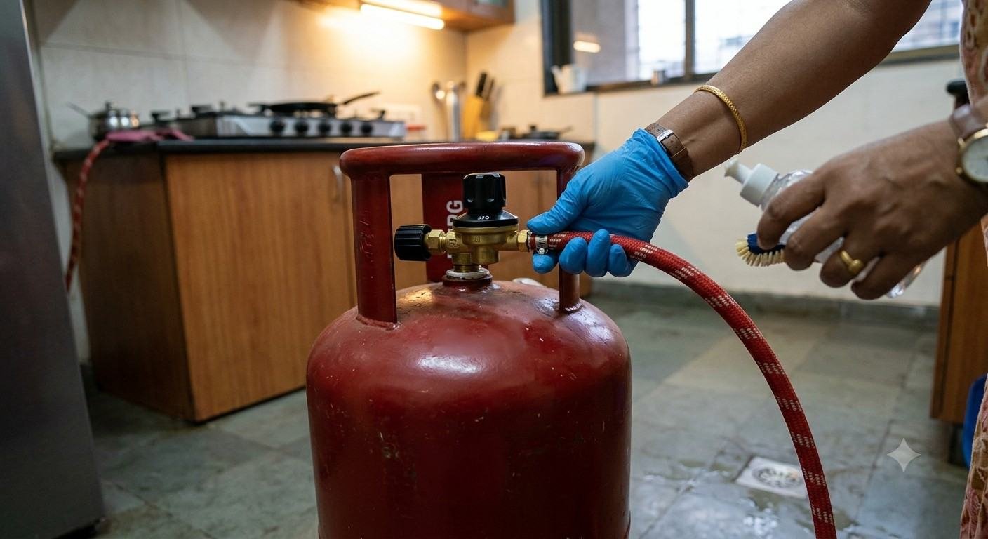 Hand checking an LPG cylinder regulator and gas pipe connection for low pressure